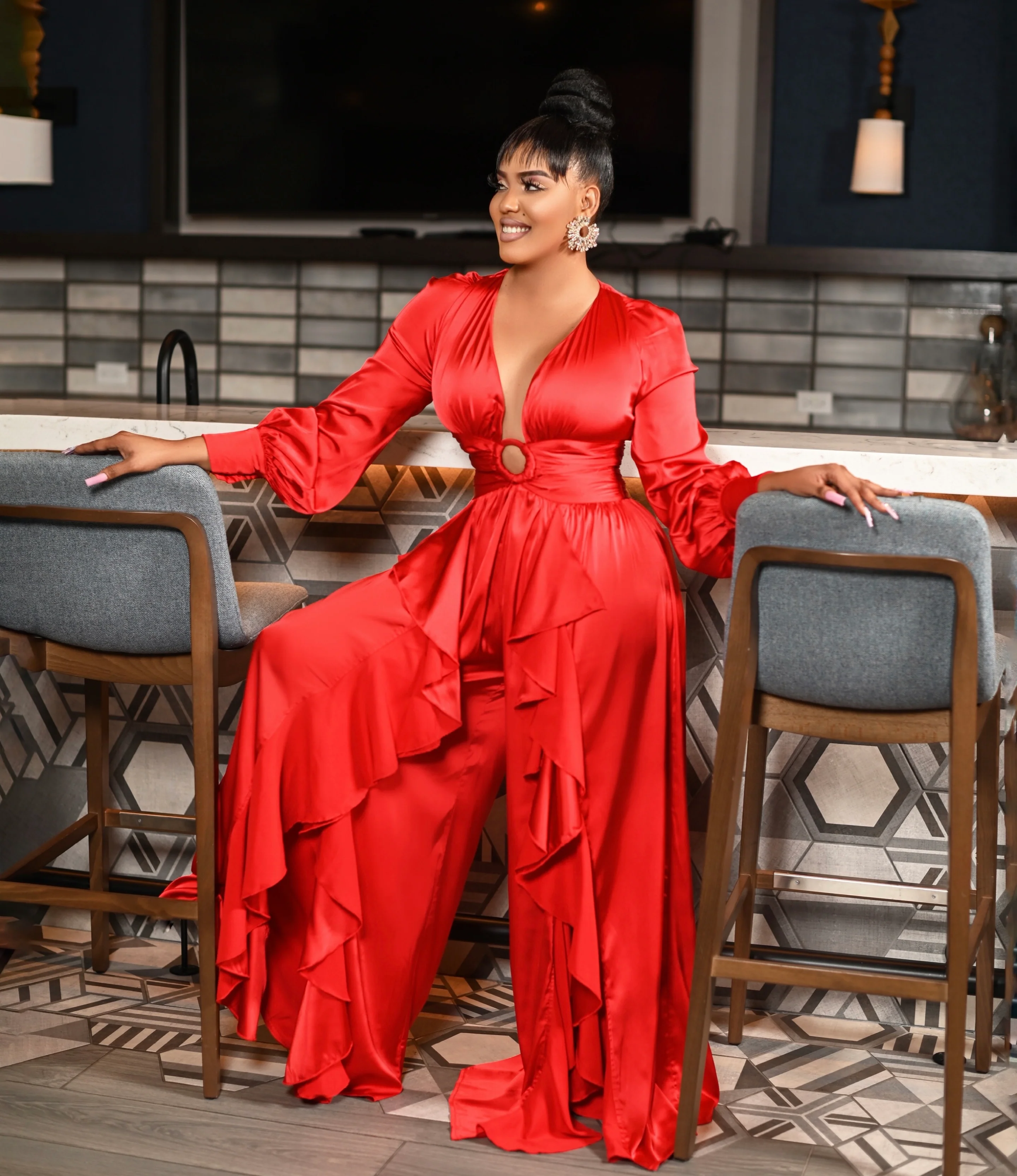 Luxury satin ruffle jumpsuit ( Red ) - Image 2
